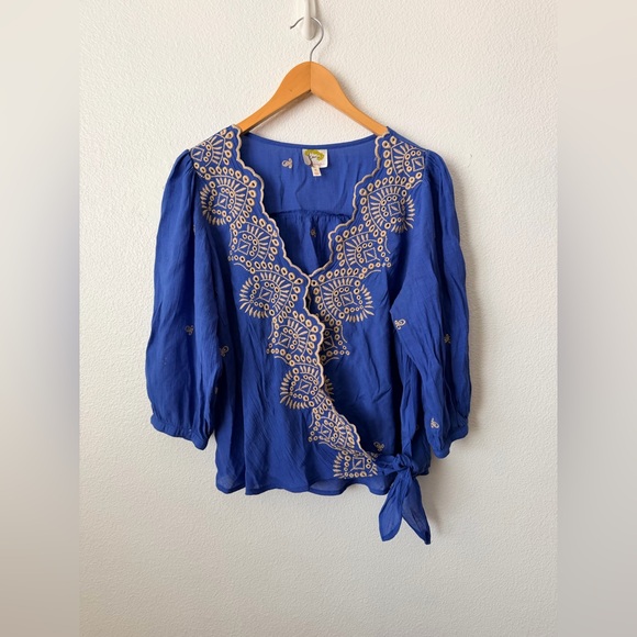 fig and flower Tops - Fig & Flower Blue/Brown Embroidery 3/4 Sleeve Blouse Tunic Top Boho Sz Small